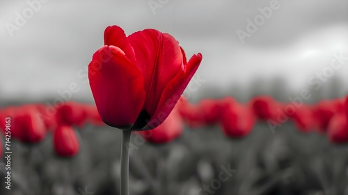 a single red tulip in a field of black and white tulips