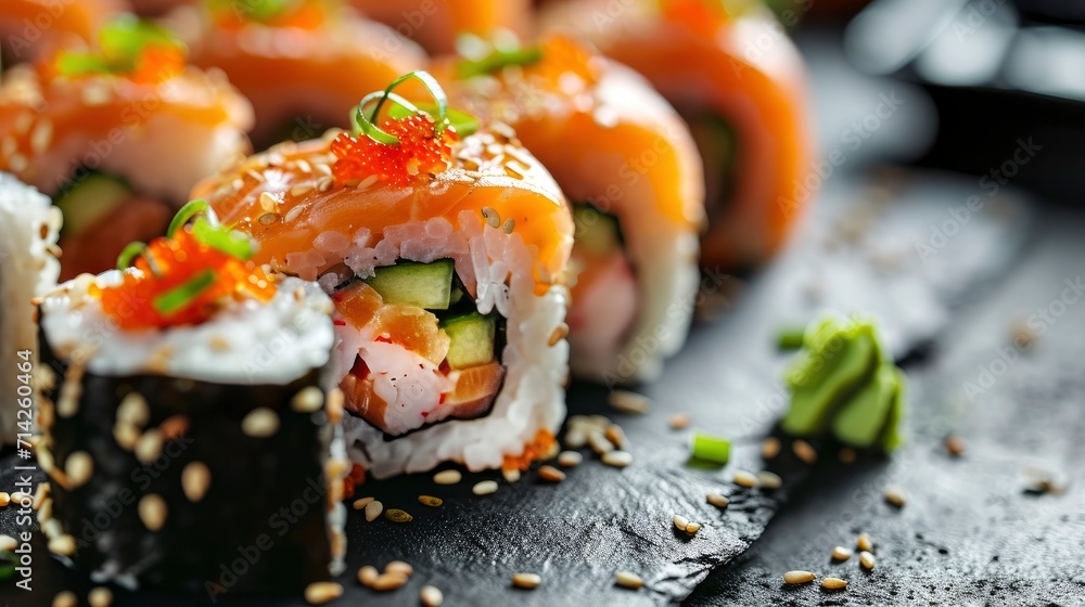 Array of Delicious Sushi Rolls with Soy Sauce Array of Delicious Sushi Rolls with Soy Sauce