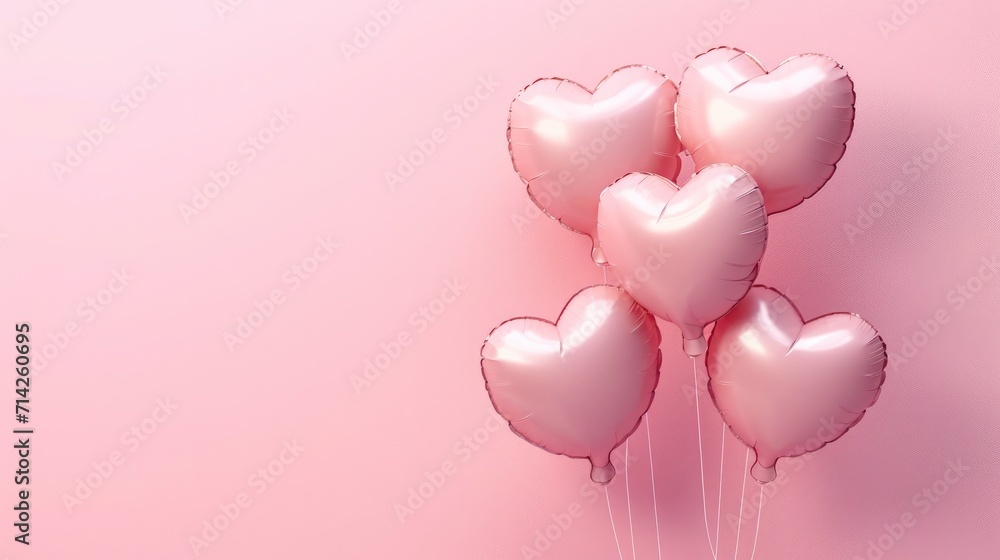 heart-shaped balloons on pink background. Valentine's Day or wedding party concept