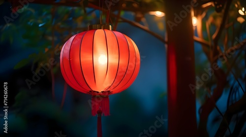 a red lantern is hanging from a tree