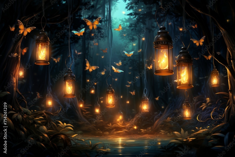 Mystical firefly lanterns, guiding lost souls through the depths of the enchanted forest - Generative AI