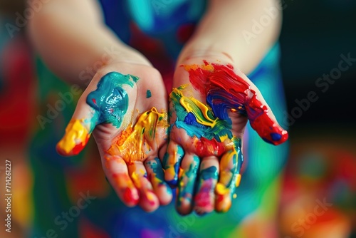 Child's hands covered in brightly colored paint. Perfect for art projects and creative activities © Fotograf