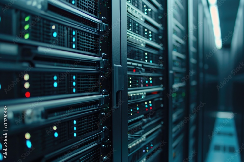 A picture of a server room with a row of servers. This image can be used to represent technology, data storage, or network infrastructure A picture of a server room with a row of servers. This image can be used to represent technology, data storage, or network infrastructure
