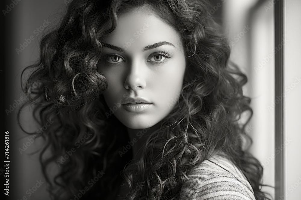 Serene millennial African American woman with curly hair posing indoors. Serene millennial African American woman with curly hair posing indoors.