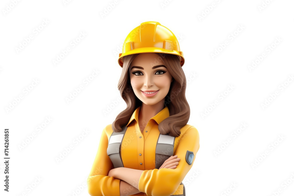 Smiling woman worker icon in yellow safety helmet, isolated white background Smiling woman worker icon in yellow safety helmet, isolated white background