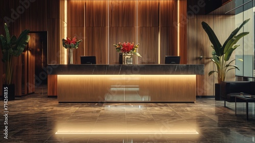 A reception desk with a vase of flowers. Ideal for use in office or hotel settings photo