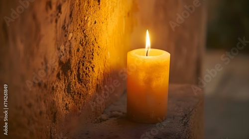 a lit candle sitting next to a wall