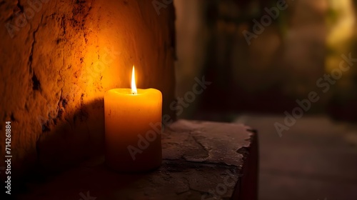 Fotografia a lit candle sitting on a ledge next to a wall
