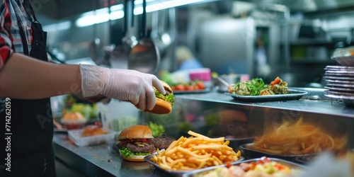 A person is seen in a kitchen assembling a burger on a bun. This image can be used to showcase cooking, food preparation, or homemade burger recipes