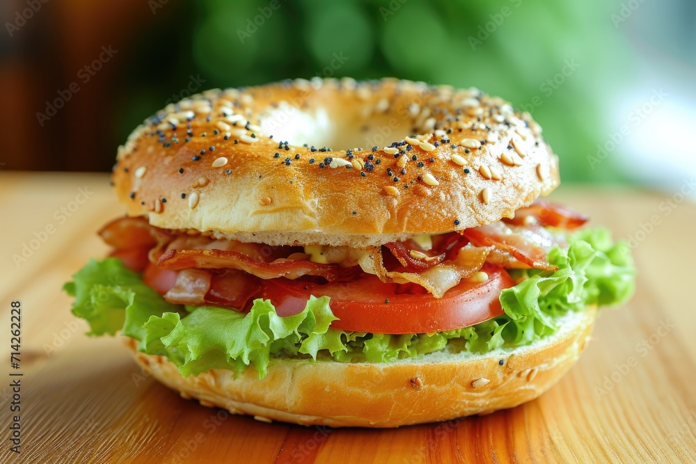 Bagel with bacon, tomato, lettuce, and cheese. Perfect for breakfast or lunch