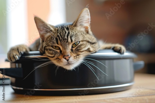A cat peacefully laying on top of a pan on a table. Ideal for kitchen or cooking-related content