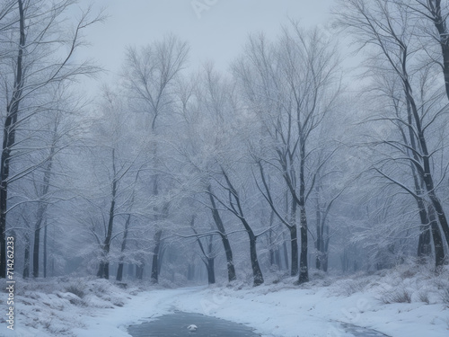 Snow and snowy wooded forest winter background