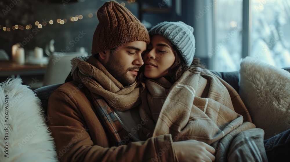 A picture of a man and a woman sitting together on a couch. This image can be used to depict a couple relaxing at home or spending quality time together A picture of a man and a woman sitting together on a couch. This image can be used to depict a couple relaxing at home or spending quality time together