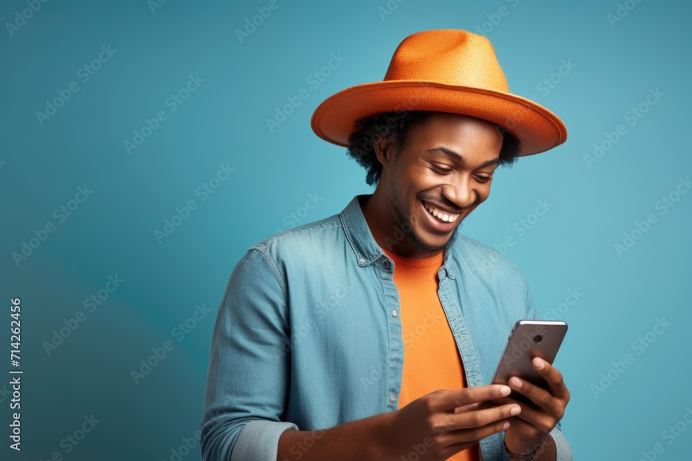 Happy African American man in orange shirt using cellphone Happy African American man in orange shirt using cellphone