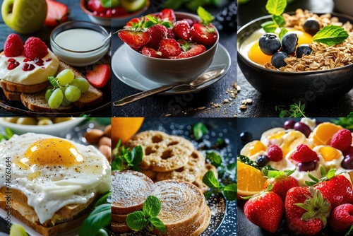 A collage of various delicious breakfast foods. Perfect for illustrating a healthy breakfast or showcasing a variety of morning meal options