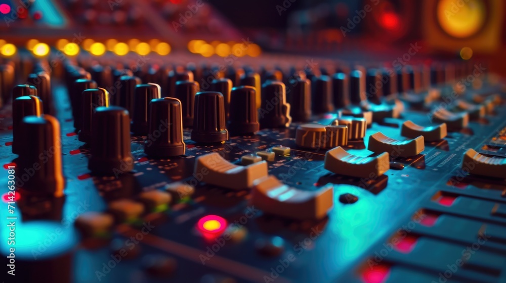 A detailed view of a sound board in a recording studio. Suitable for music production and audio engineering projects A detailed view of a sound board in a recording studio. Suitable for music production and audio engineering projects