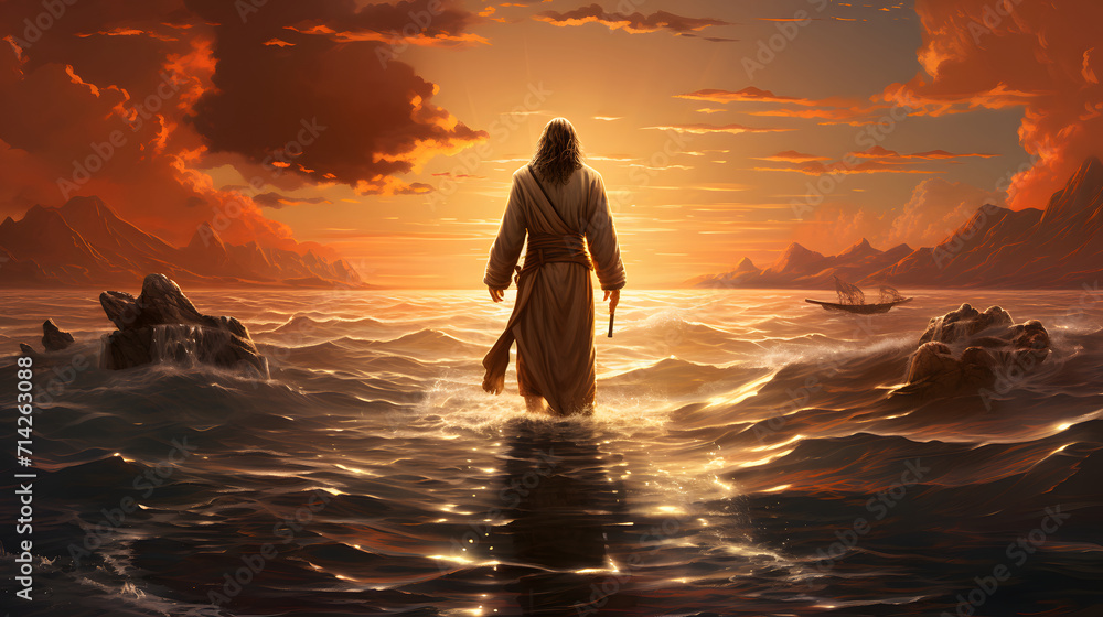 Jesus Christ walks on water on a dramatic sunset - Far view - no sun  - obrazy, fototapety, plakaty 