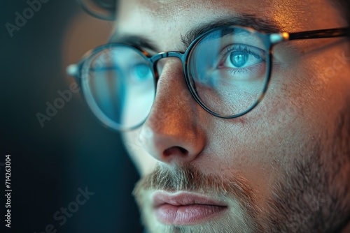 A detailed close-up of a person wearing glasses. Suitable for various applications photo