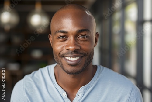 Happy African American man posing for headshot at home office.