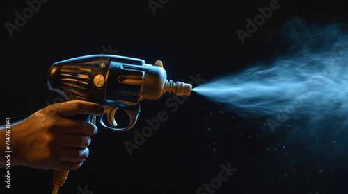 A person is using a spray gun to spray a black background. This image can be used for various creative projects and graphic design purposes photo
