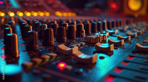 A detailed view of a sound board in a recording studio. Suitable for music production and audio engineering projects