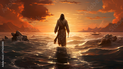 Jesus Christ walks on water on a dramatic sunset - Far view - no sun  photo