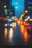 A view of a city at night seen through a rain-covered window. Perfect for adding a moody and urban touch to any project
