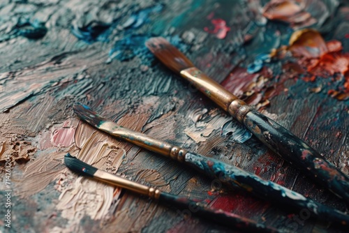 Close up of paint brushes on a table. Perfect for art and creativity projects