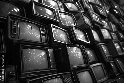 A black and white photo capturing a wall filled with vintage televisions. Perfect for illustrating technology, nostalgia, or media concepts