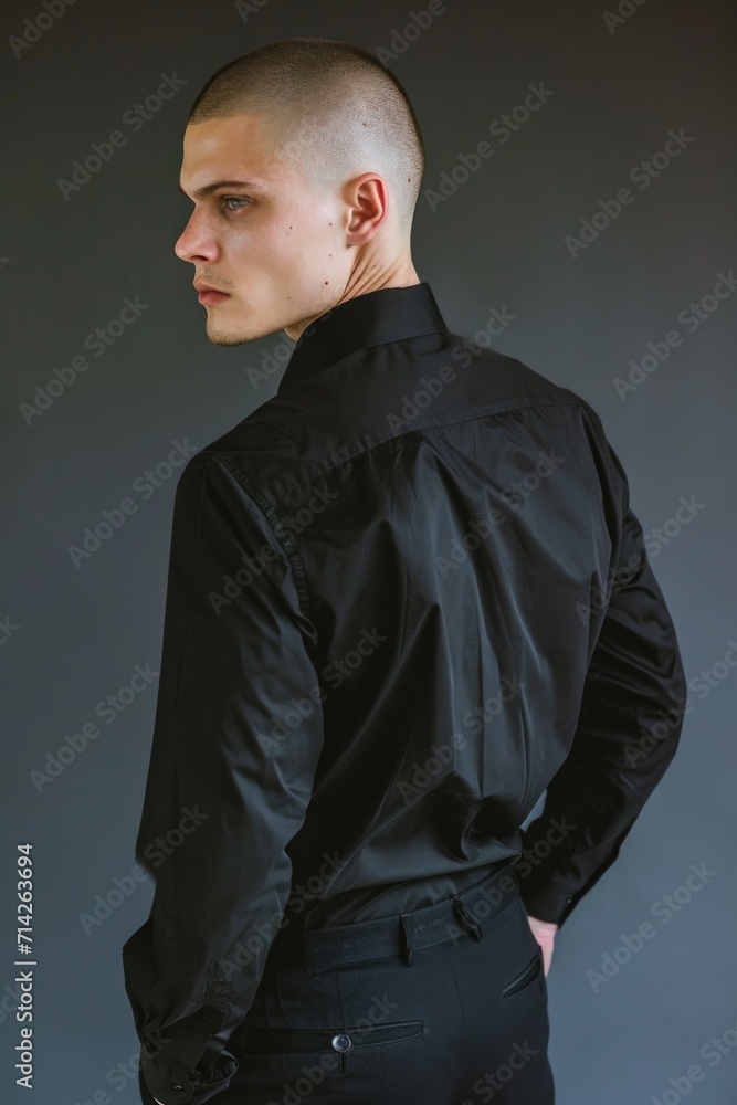 A man wearing a black shirt and black pants. Versatile image suitable for various contexts