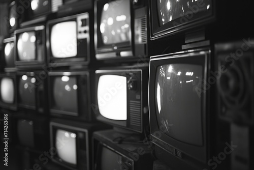 A black and white photo depicting a wall covered with multiple televisions. This image can be used to portray concepts such as technology, entertainment, media, communication, or surveillance