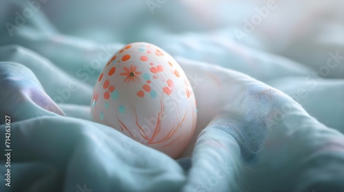 a close up of a painted egg on a blanket