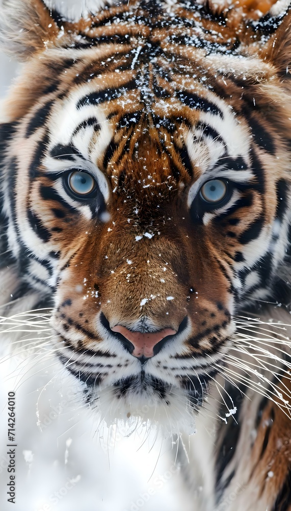 a close up of a tiger in the snow