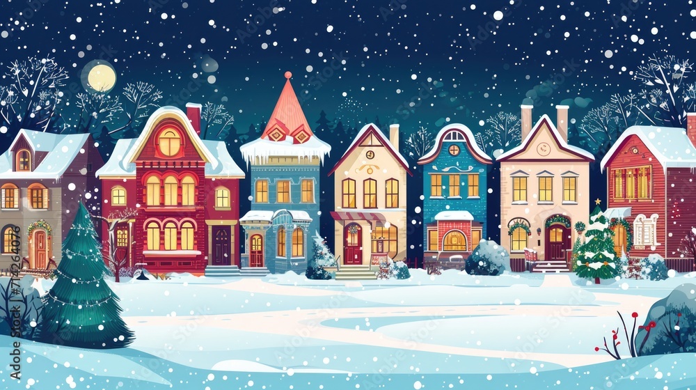 A picturesque winter night with snow-covered houses and trees. Perfect for seasonal designs and holiday-themed projects