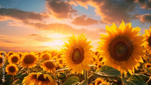 Beautiful blossom yellow sunflowers field view image