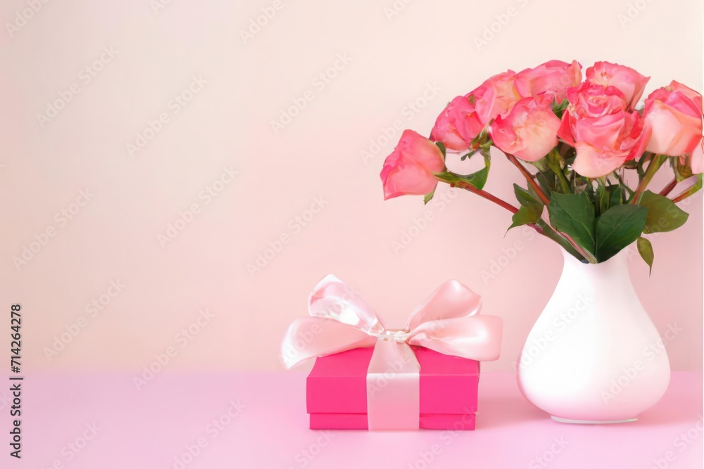 Beautiful bouquet flowers on pink background for Valentine's Day