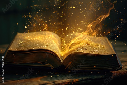An open book on a wooden table with gold dust emanating from its pages. Perfect for illustrating the concept of knowledge, wealth, or hidden treasures.