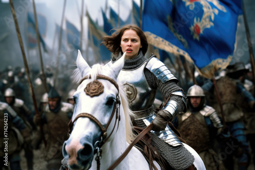 Jeanne d’Arc (Joan of Arc) Johanna von Orléans riding a horse with her army in the background (generative AI)