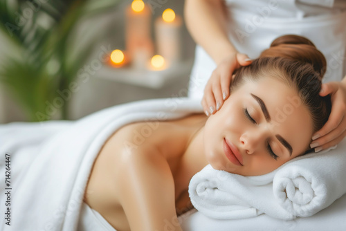 Beautiful woman relaxing with head massage and spa treatment at spa salon.