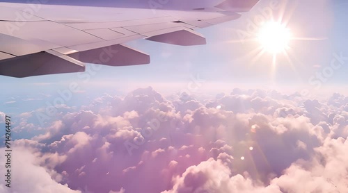 AI generated view from airliner window in morning. Airplane flight. Wing of airplane flying above clouds with sun. Airplane, Aircraft. Traveling by air. Flying above the clouds. View from window at photo