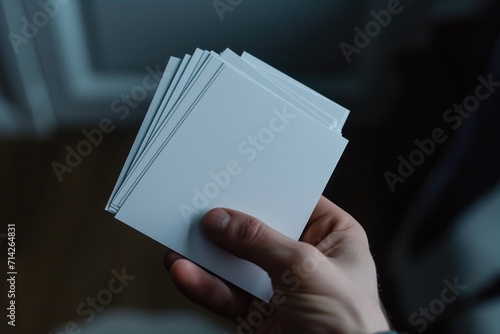 A person holding a stack of white cards. Can be used for presentations, educational materials, or business concepts