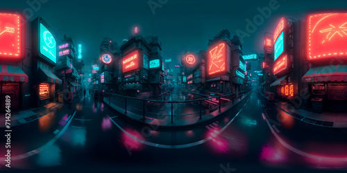 Full 360 degrees seamless spherical panorama HDRI equirectangular projection of Cyberpunk Night City Tron Future. Texture environment map for lighting and reflection source rendering 3d scenes. © alemstar