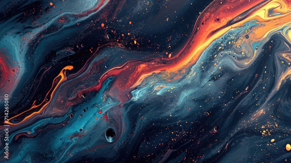 A detailed close-up view of a fluid painting on a surface. This abstract artwork can be used for various creative projects - obrazy, fototapety, plakaty 