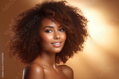 Beautiful  smiling African American woman with healthy skin and curly hair. photo
