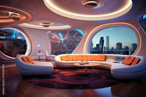 Sofa set and decoration modern futuristic living room interior design in vibrant colors © LFK