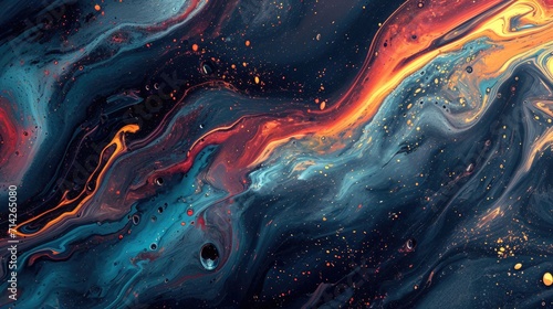 A detailed close-up view of a fluid painting on a surface. This abstract artwork can be used for various creative projects photo