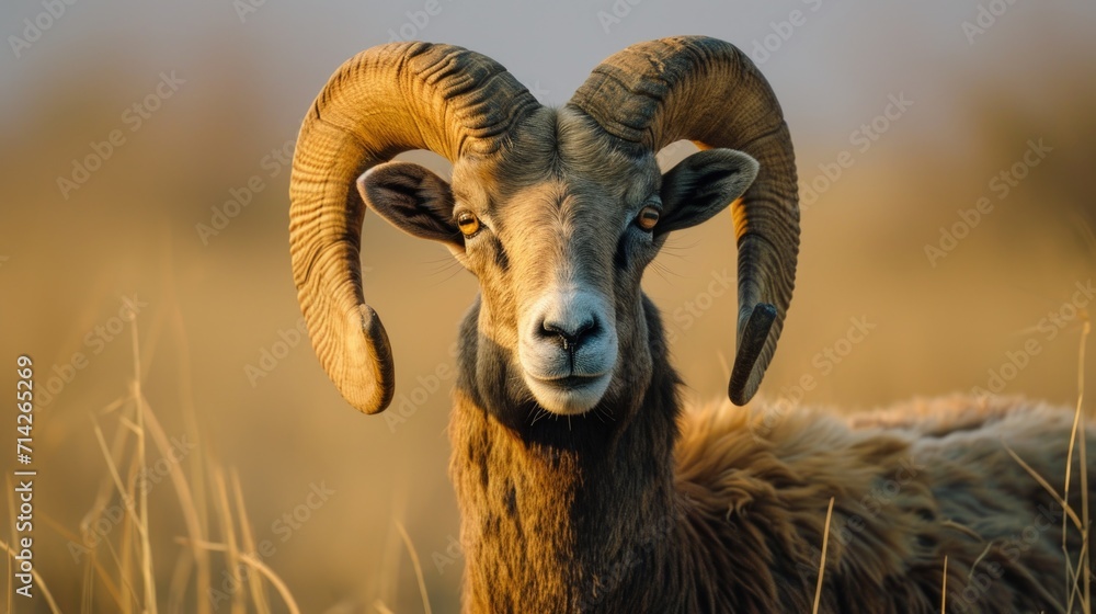 A ram standing in a field of tall grass. Suitable for nature and animal-themed designs A ram standing in a field of tall grass. Suitable for nature and animal-themed designs