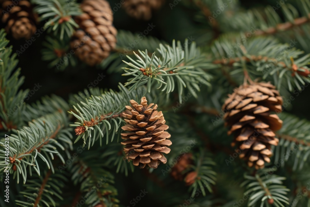 A detailed view of pine cones on a tree. Perfect for nature enthusiasts and holiday-themed projects A detailed view of pine cones on a tree. Perfect for nature enthusiasts and holiday-themed projects