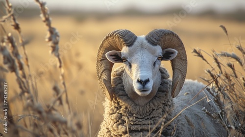 A ram standing in a field of tall grass. This picture can be used to represent nature, agriculture, or farm animals © Fotograf