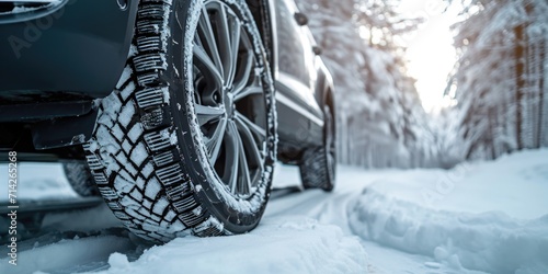 A close up view of a tire on a snowy road. Perfect for winter driving or road safety concepts